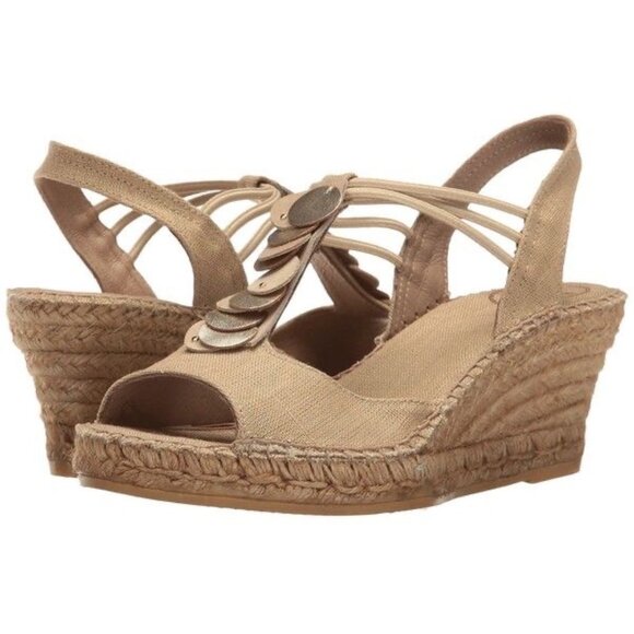 NWOB TONI PONS ORIGENS Women's Sitges Stone Tan Metallic Wedge Sandals Sz 5.5/36 - Picture 2 of 10